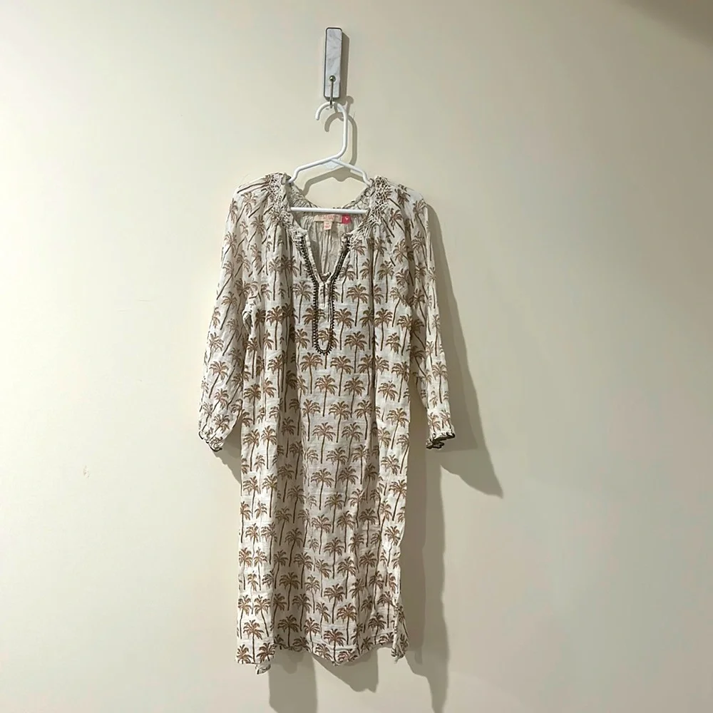 • Pink Chicken • Girls Ava Palm Tree Print Dress Long Sleeves White Brown 12 - Picture 2 of 5